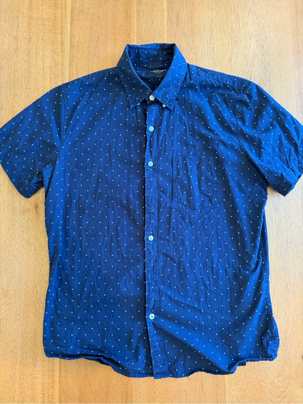 American Eagle Navy Blue Polka Dot Button-Down Shirt (Size M)